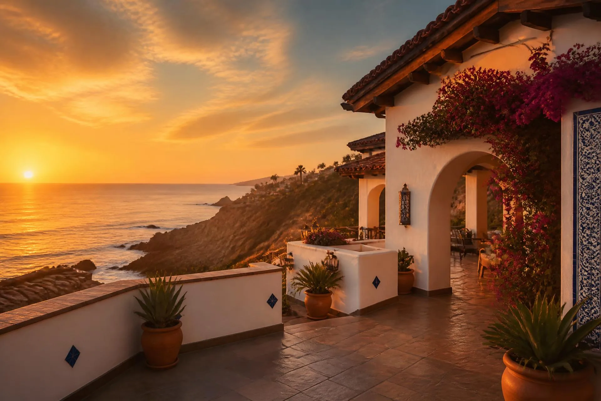 Villa terrace and arched entry at sunset above the Pacific