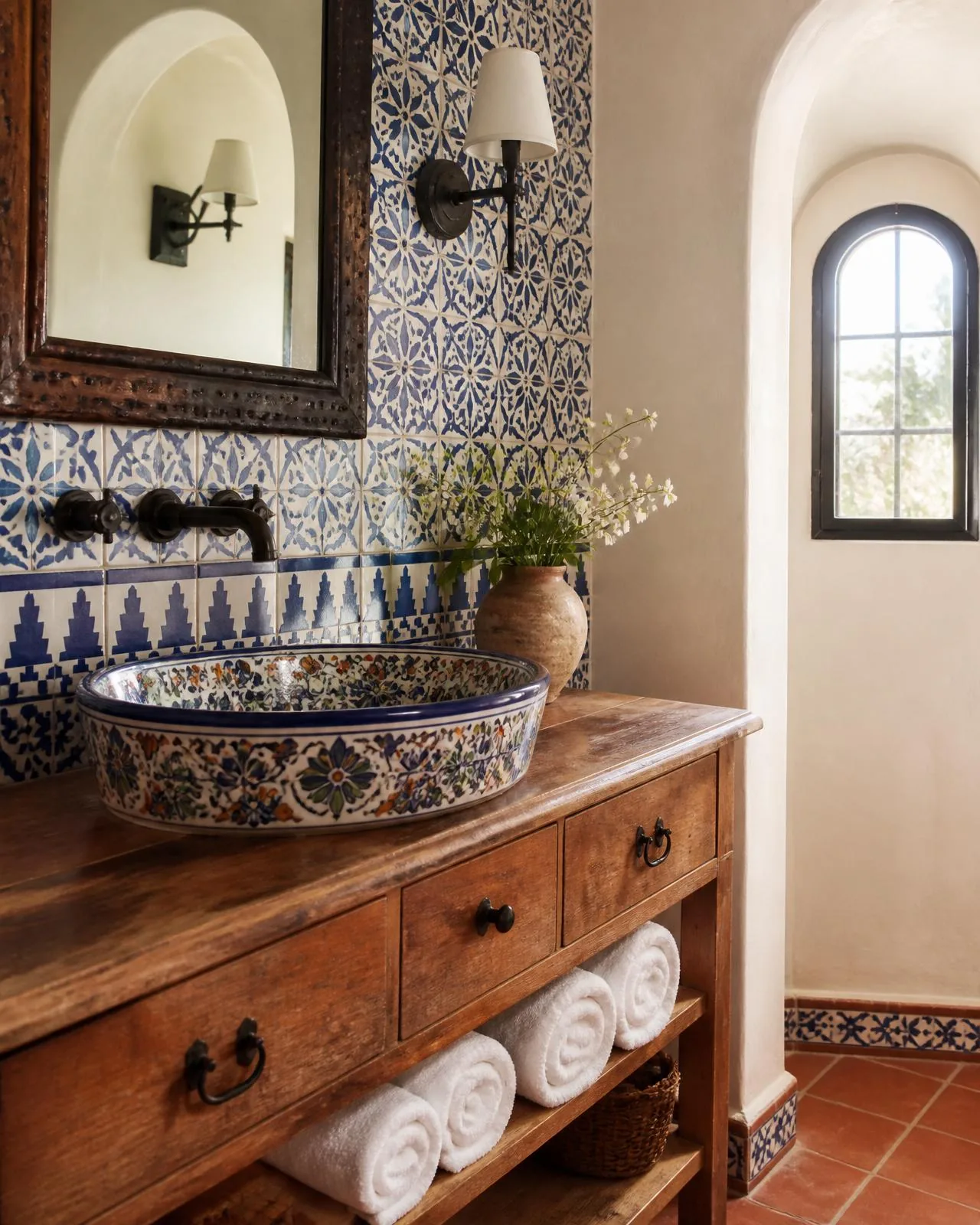Bathroom with painted Talavera basin and blue tile wall
