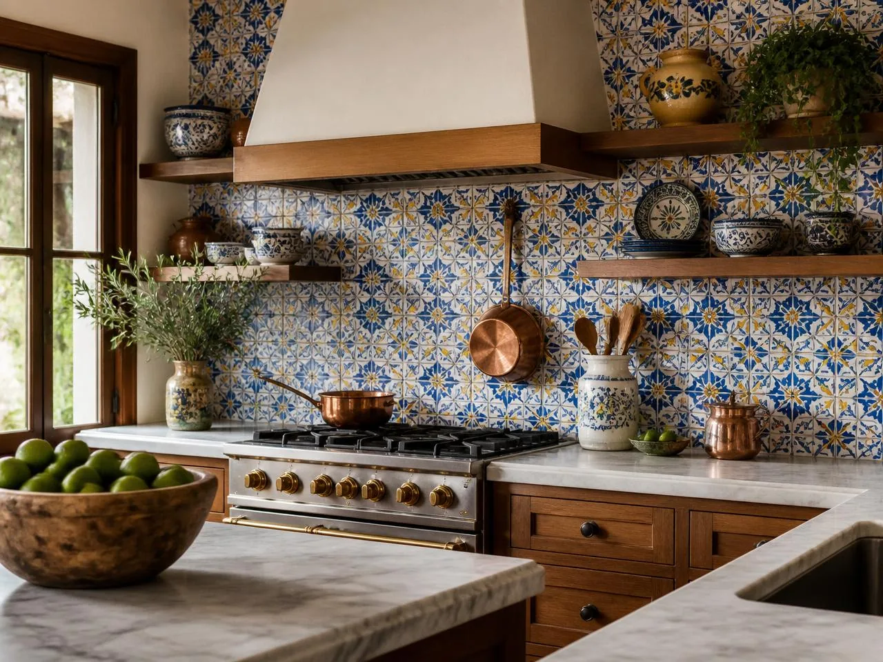Kitchen with hand-painted Talavera tile backsplash and copper pans