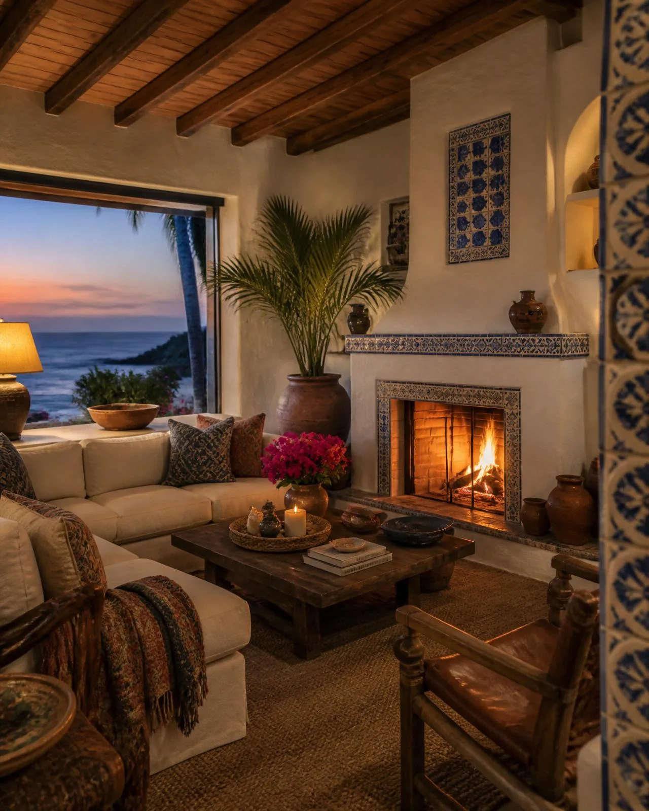 Villa living room with lit fireplace, Talavera tile surround, and ocean view at dusk