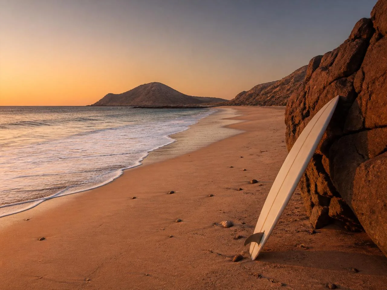 Empty Baja beach at golden hour with a surfboard against the rocks