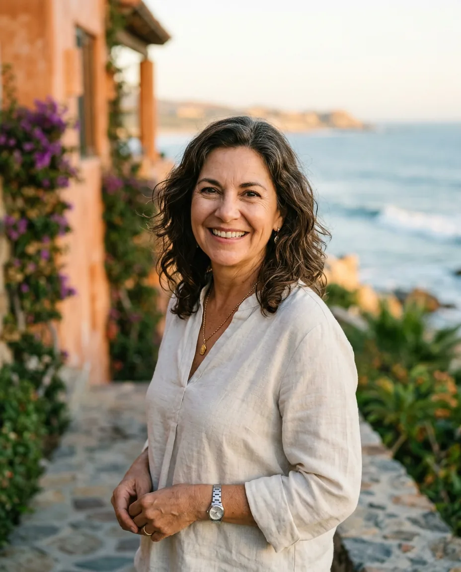 Martine Addison, owner and host of Villa Pacifica Baja, standing above the Pacific