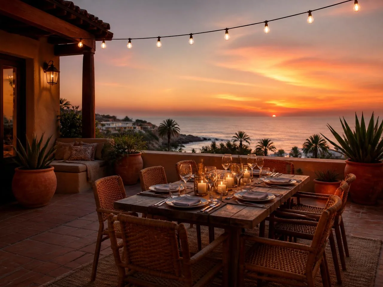 Outdoor dining table set under string lights at sunset
